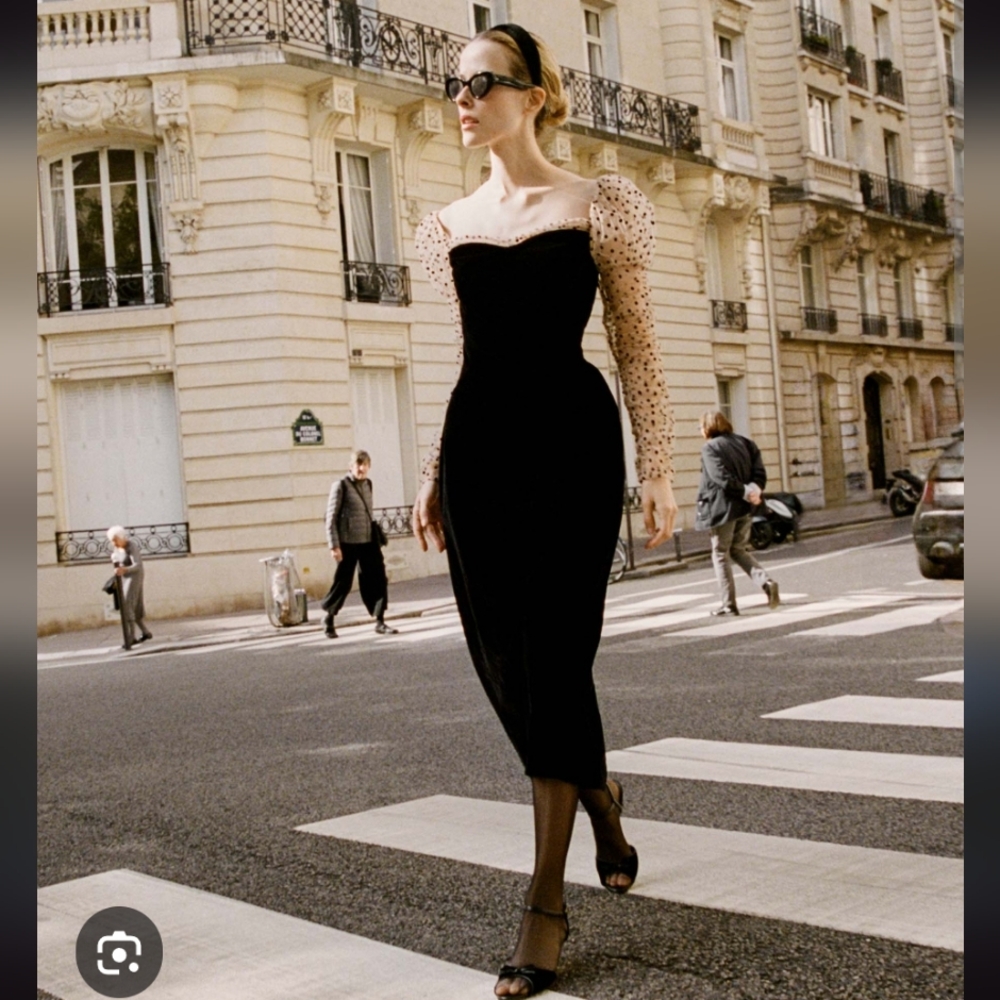 Dôen Criselda Dress 2 New Rare Black With Velvet Polka Dots Sheer Sleeves NWT